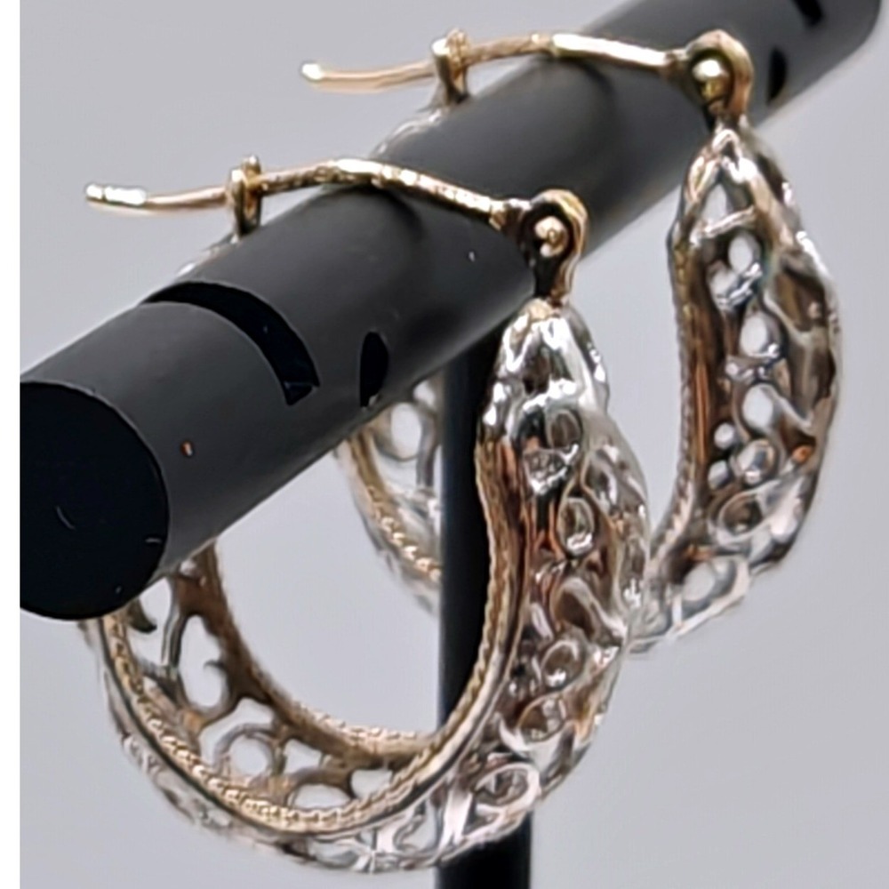 Two Tone 14k Gold Sterling Silver 925 Filigree Oval Hoop Earrings Designer Stamp